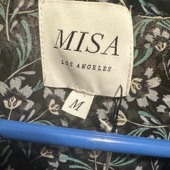 MISA Los Angeles Black Floral Mini Dress Split Neck Blouson Tiered Ruffle Sz M - Picture 4 of 14